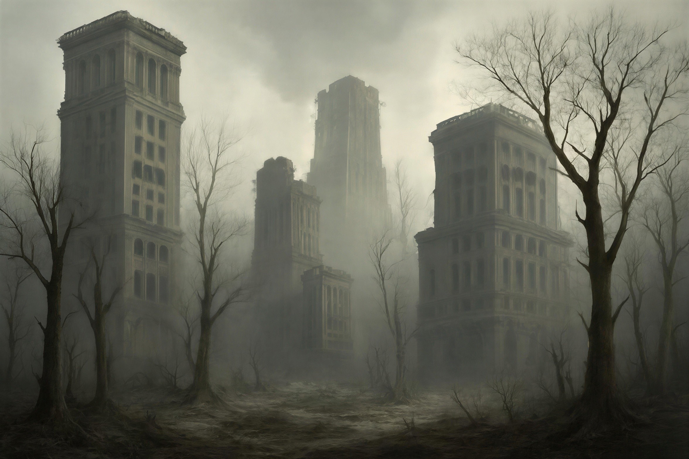 Eerie Digital Painting of a Foggy Gothic Cityscape