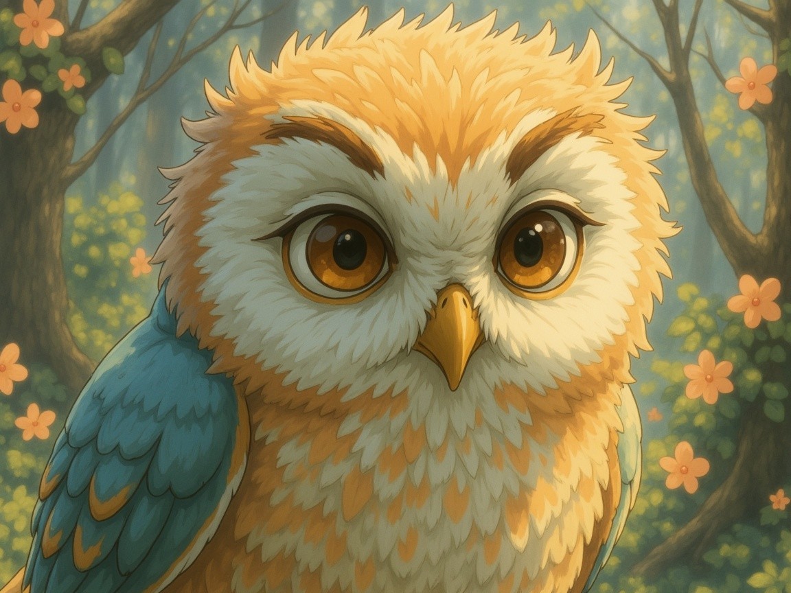 Whimsical Cartoon Owl in a Lush Forest Setting