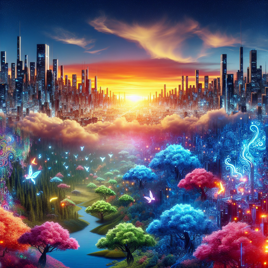Futuristic Cityscape Above a Magical Forest Landscape