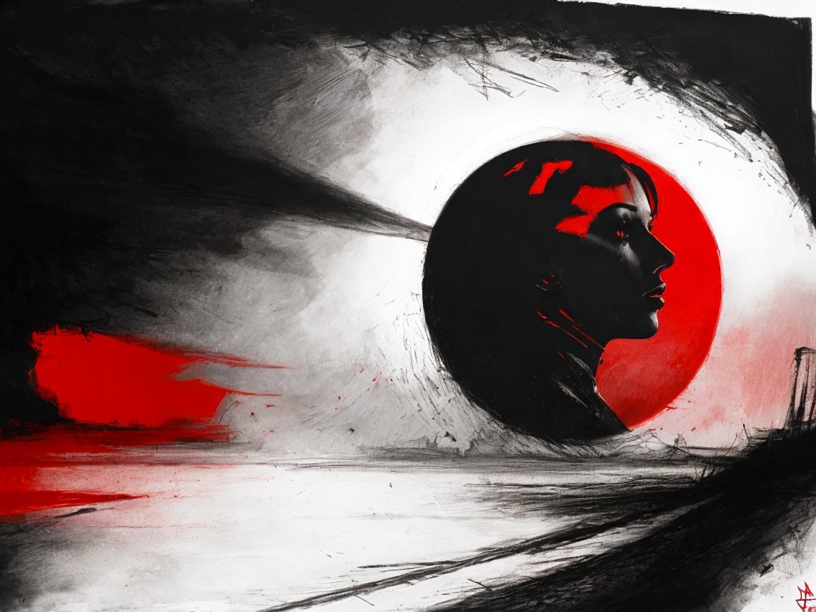 Abstract Charcoal Drawing of Woman's Profile with Moon