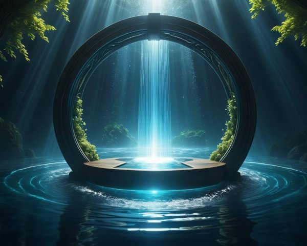Glowing Black Metal Portal Surrounded by Water and Foliage