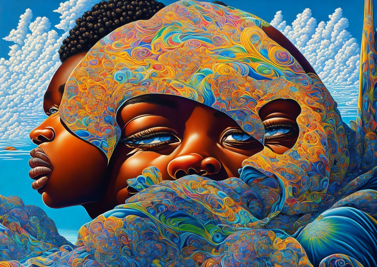 Intertwined Faces with Vibrant Patterns and Sky Background