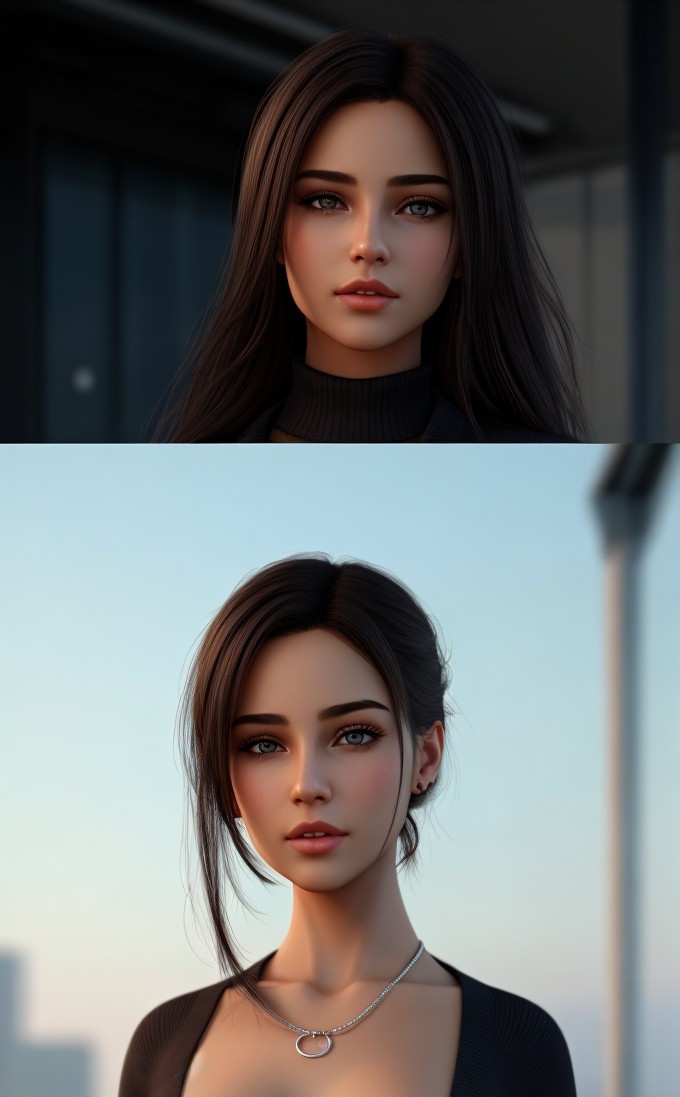 Digital art portrait: Woman with long brown hair, green eyes, black turtleneck, necklace,