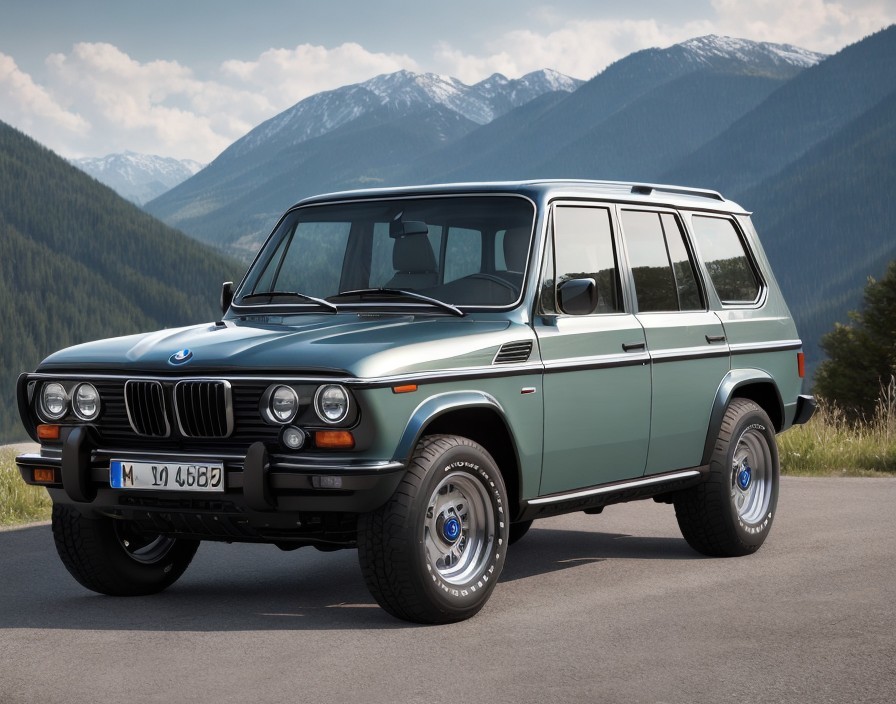 Vintage BMW SUV parked against mountain backdrop under clear sky