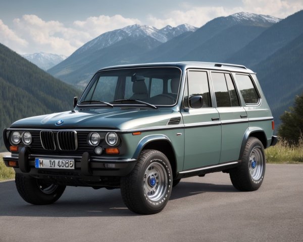 Vintage BMW SUV parked against mountain backdrop under clear sky