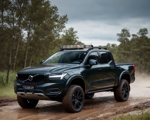 Black Volvo pickup truck with roof light bar navigating muddy forest trail