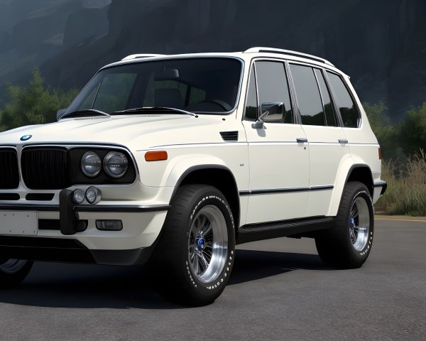 White BMW SUV with Chrome Accents Parked Against Mountain Backdrop