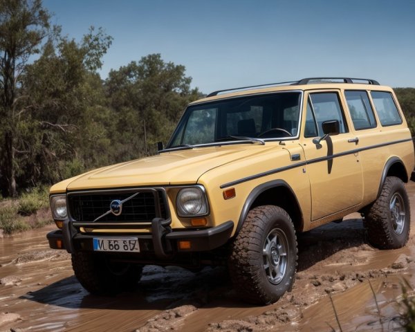 Vintage Yellow SUV Crossing Shallow Muddy Stream