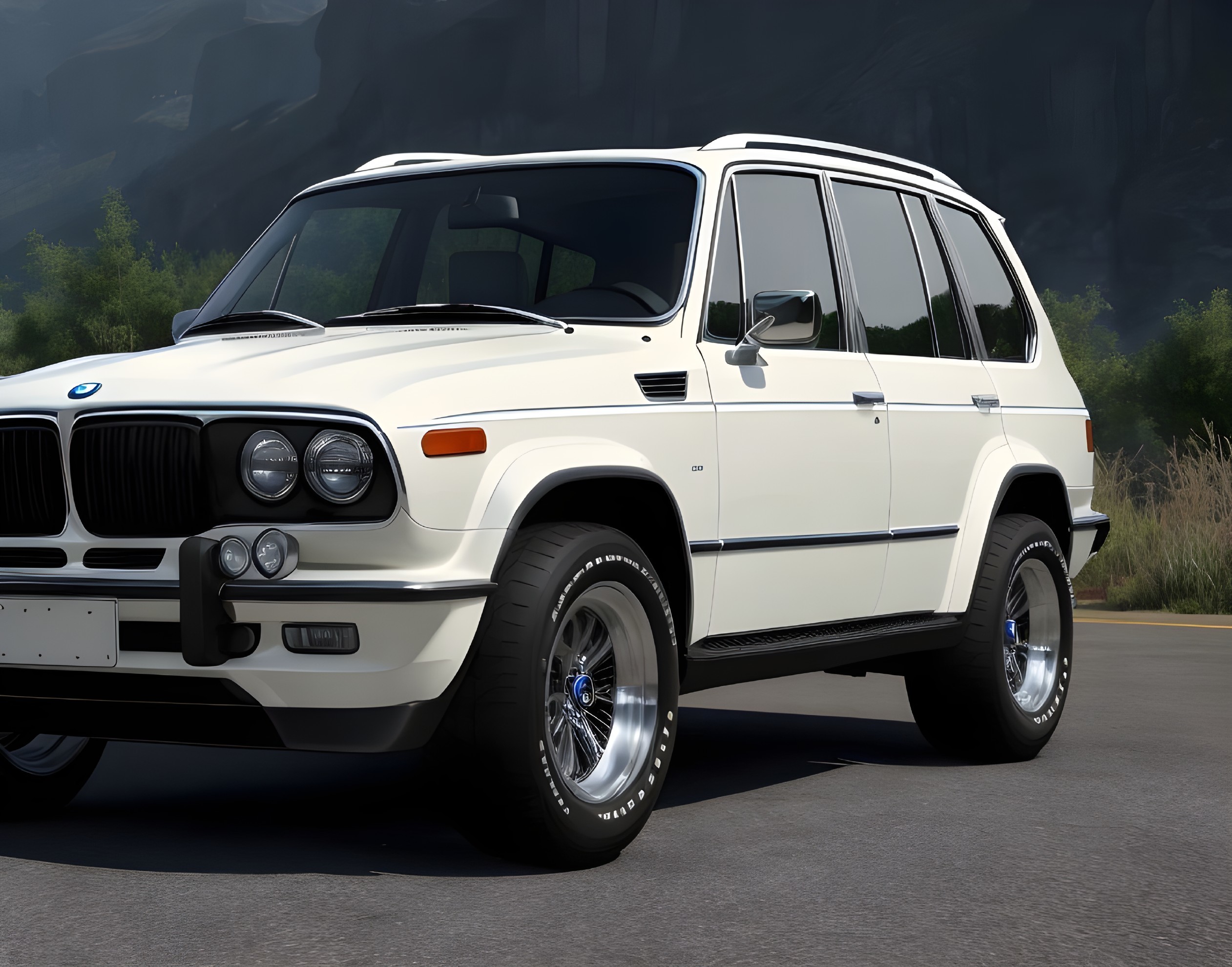 White BMW SUV with Chrome Accents Parked Against Mountain Backdrop