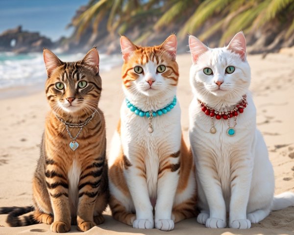 Three cats wearing decorative collars on a beach with palm trees.