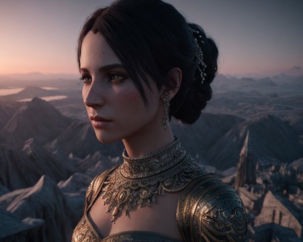 Dark-haired female character in golden armor, adorned with braid and jewels, against mountain backdrop.
