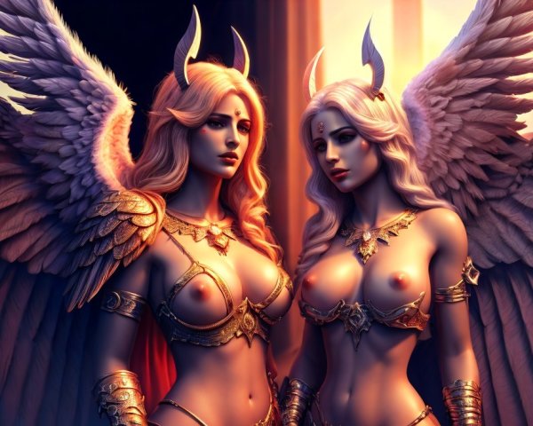 Fantasy art of two female characters with angelic wings and ornate armor