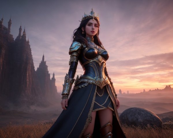 Regal warrior queen in ornate armor against castle-filled landscape