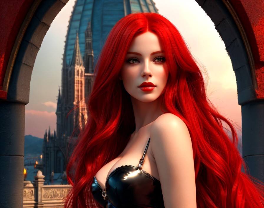 Vivid Red-Haired Woman in Black Outfit by Gothic Cathedral