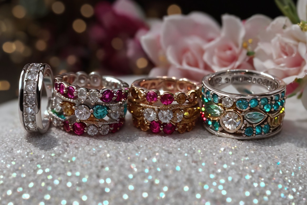 Five ornate rings with colorful gemstones on sparkling background.