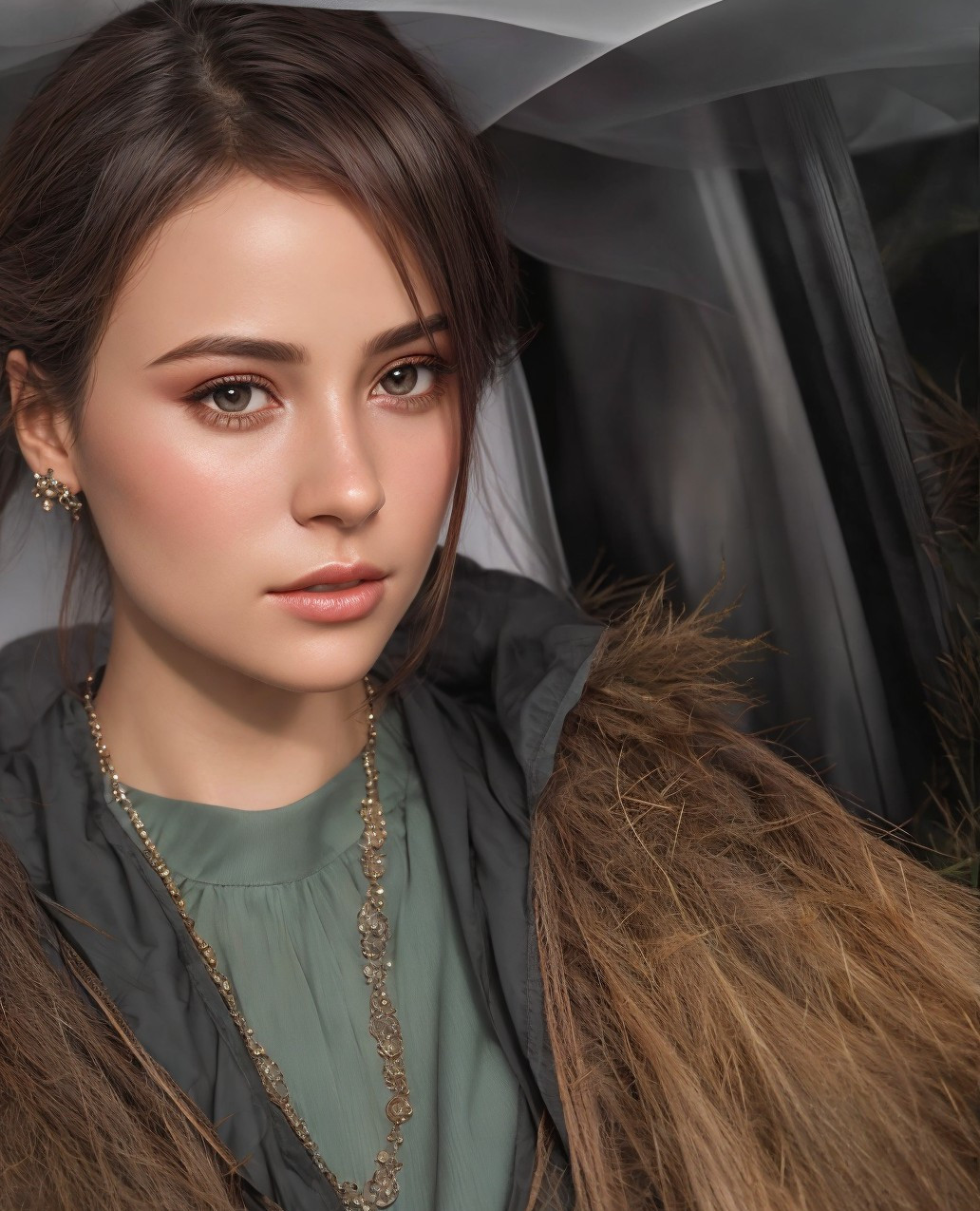 Young woman in green blouse and jacket with gold earrings against blurred background