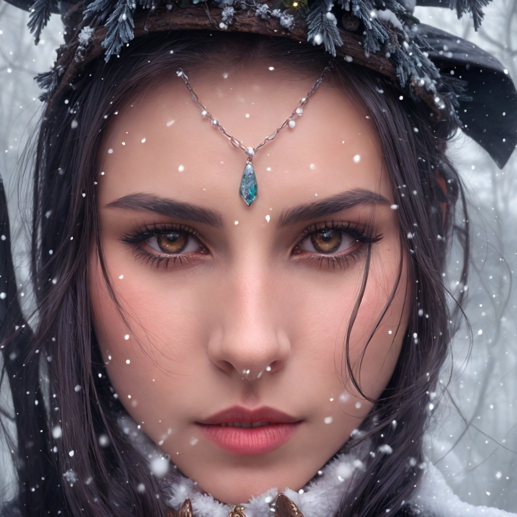 Woman with Brown Eyes and Crystal Headpiece in Snowfall