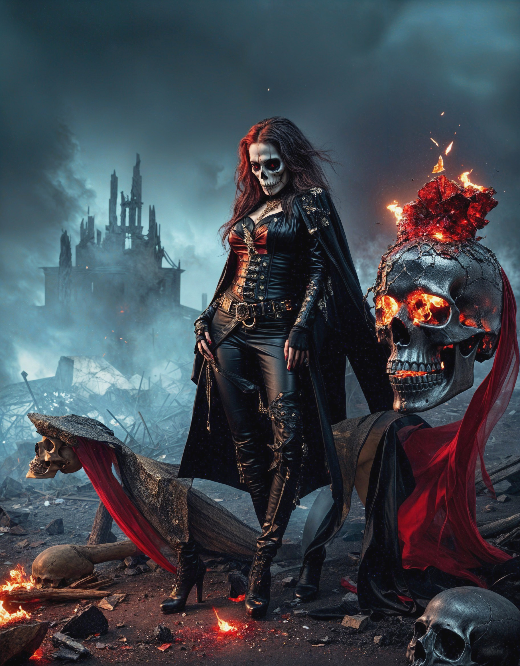 Post-Apocalyptic Figure in Dark Landscape with Skulls