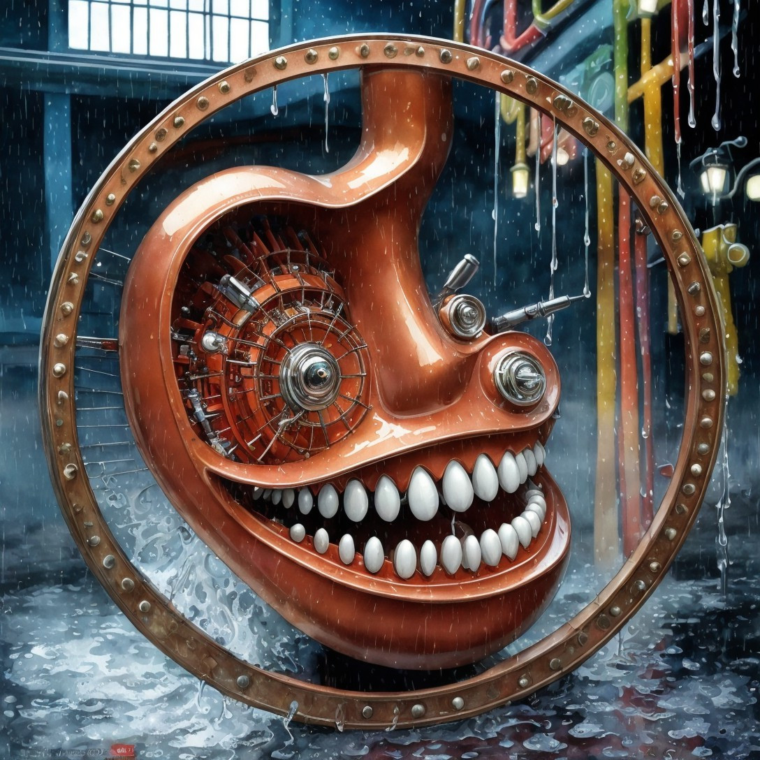 Surreal Giant Face Sculpture in Industrial Setting