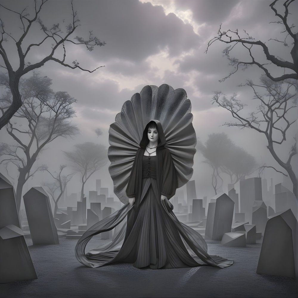 Mysterious Figure in Foggy Graveyard Setting