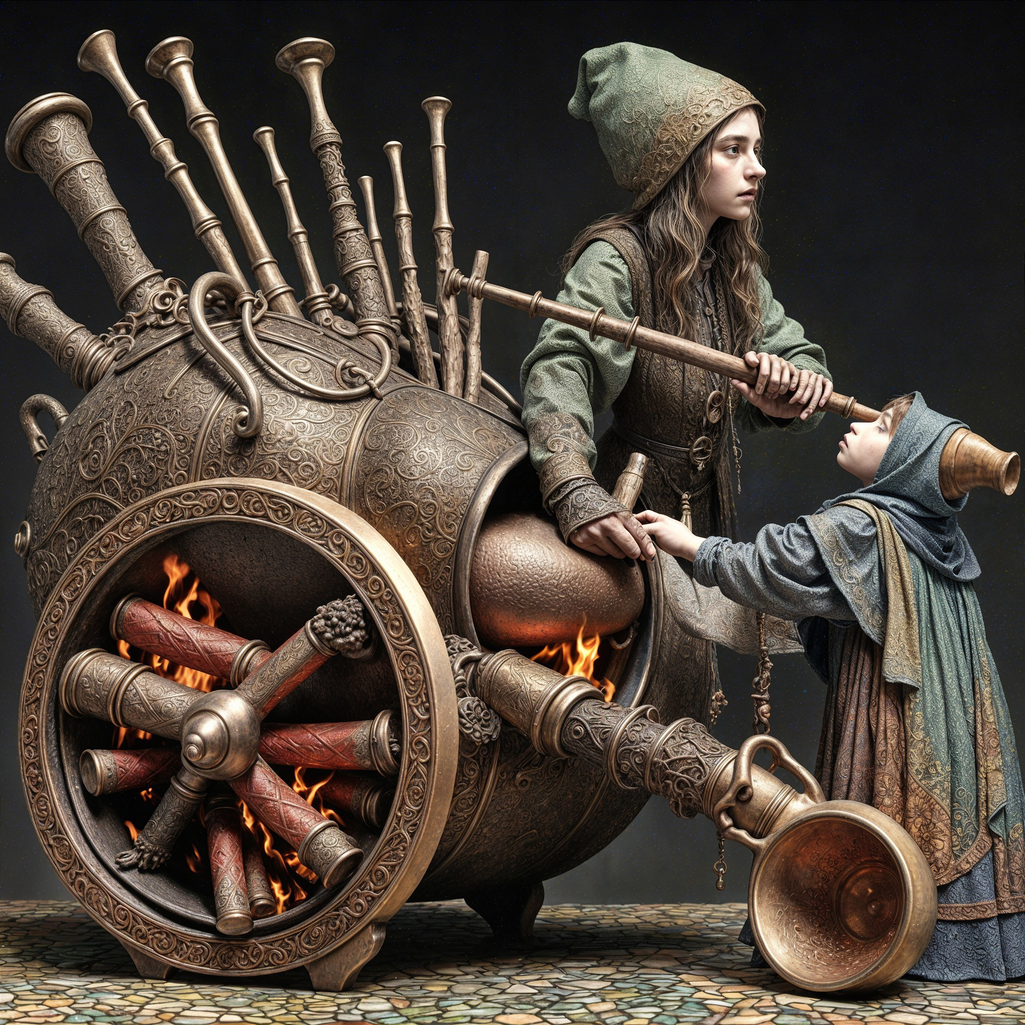 Young Girls with Steampunk Device in Fantasy Setting