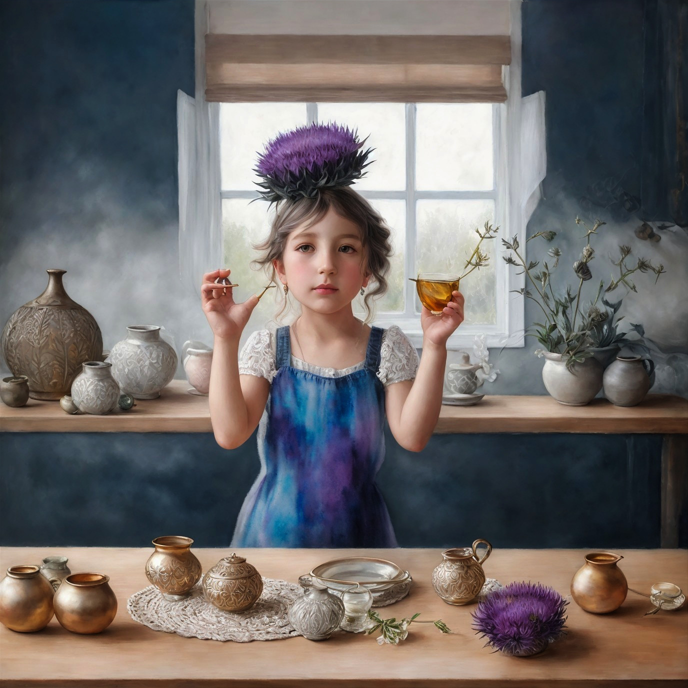 Little Girl in Kitchen with Flowers and Pottery