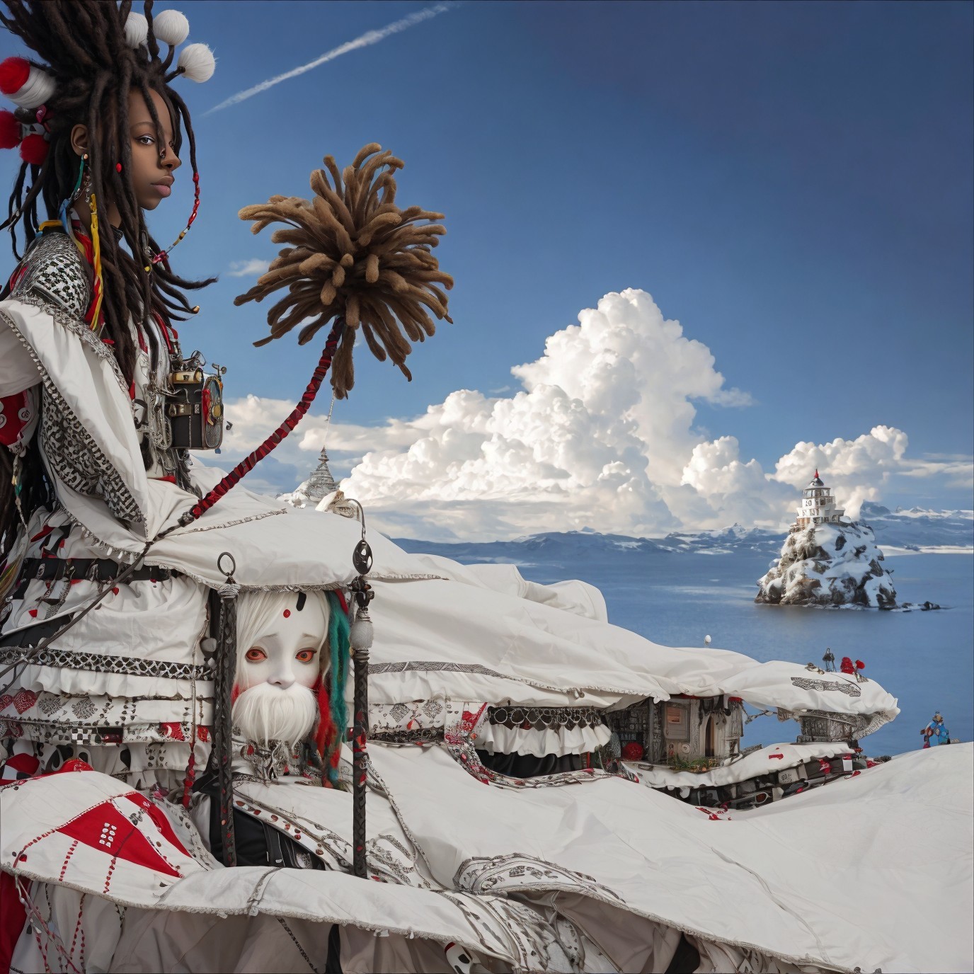 Majestic figure in traditional attire on snowy landscape