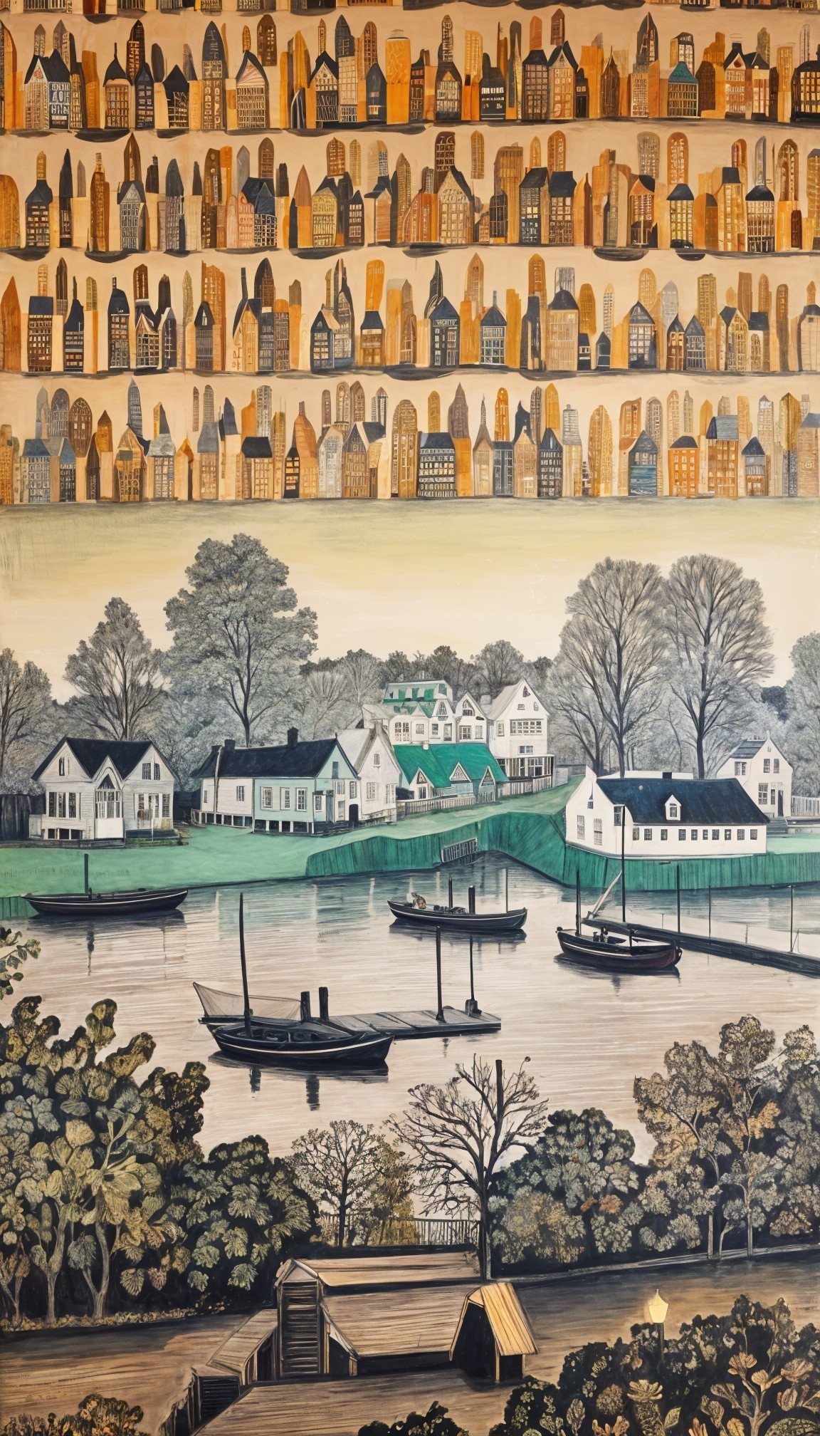 Stylized Artwork of Urban and Waterfront Scenes