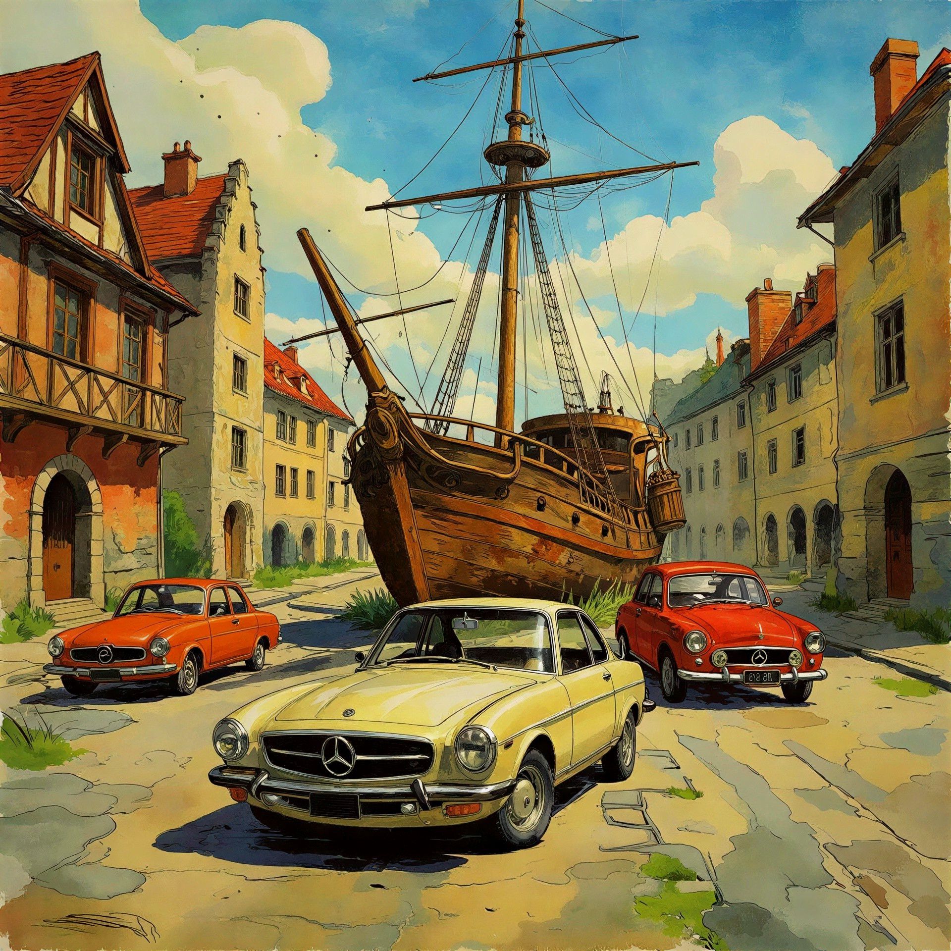 Watercolor Street Scene with Wooden Ship and Cars
