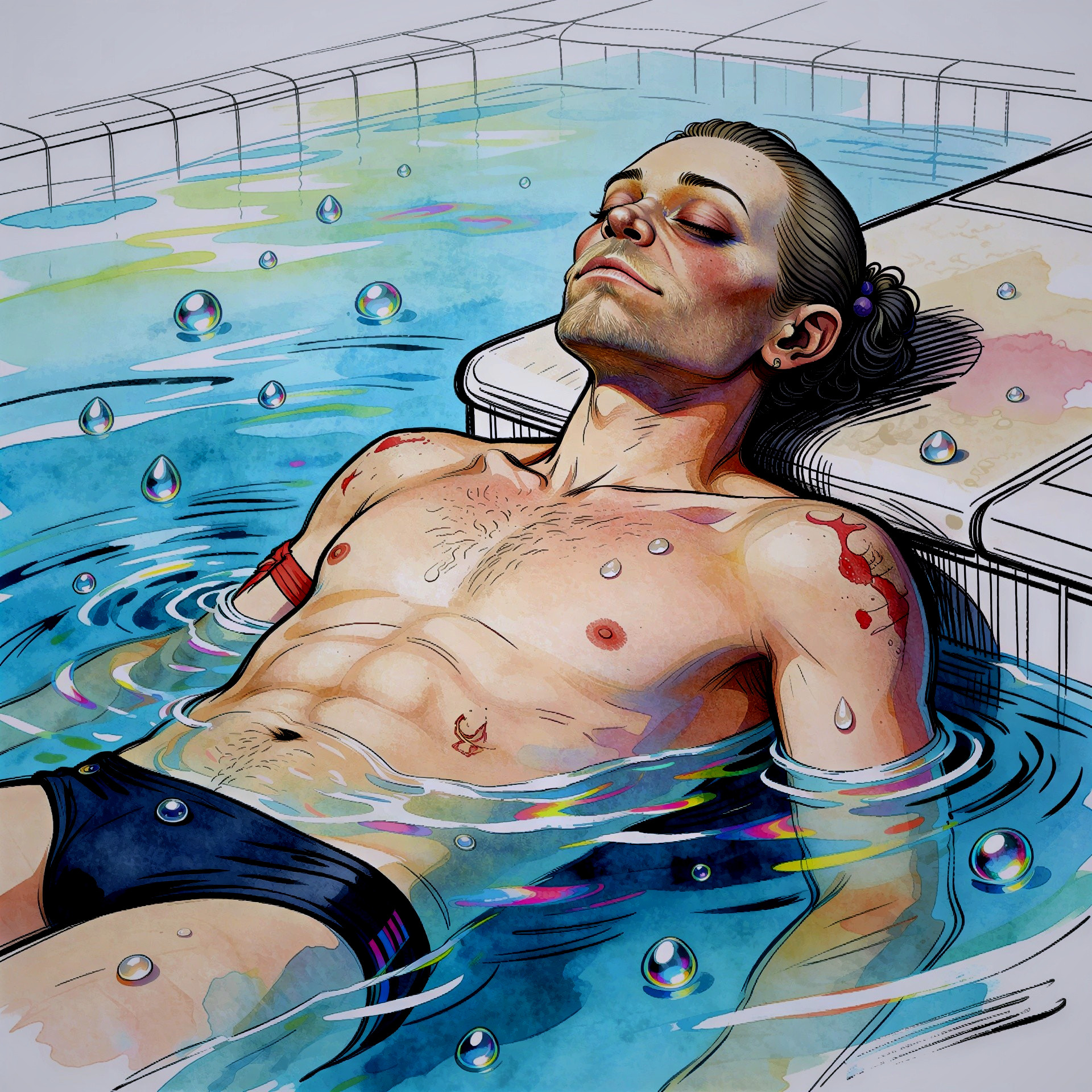 Watercolor Artwork of a Man Relaxing in a Pool