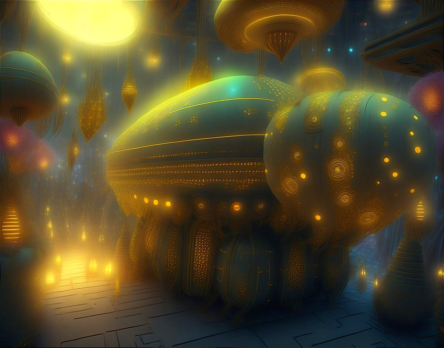 Futuristic organic structure in a vibrant dreamlike scene