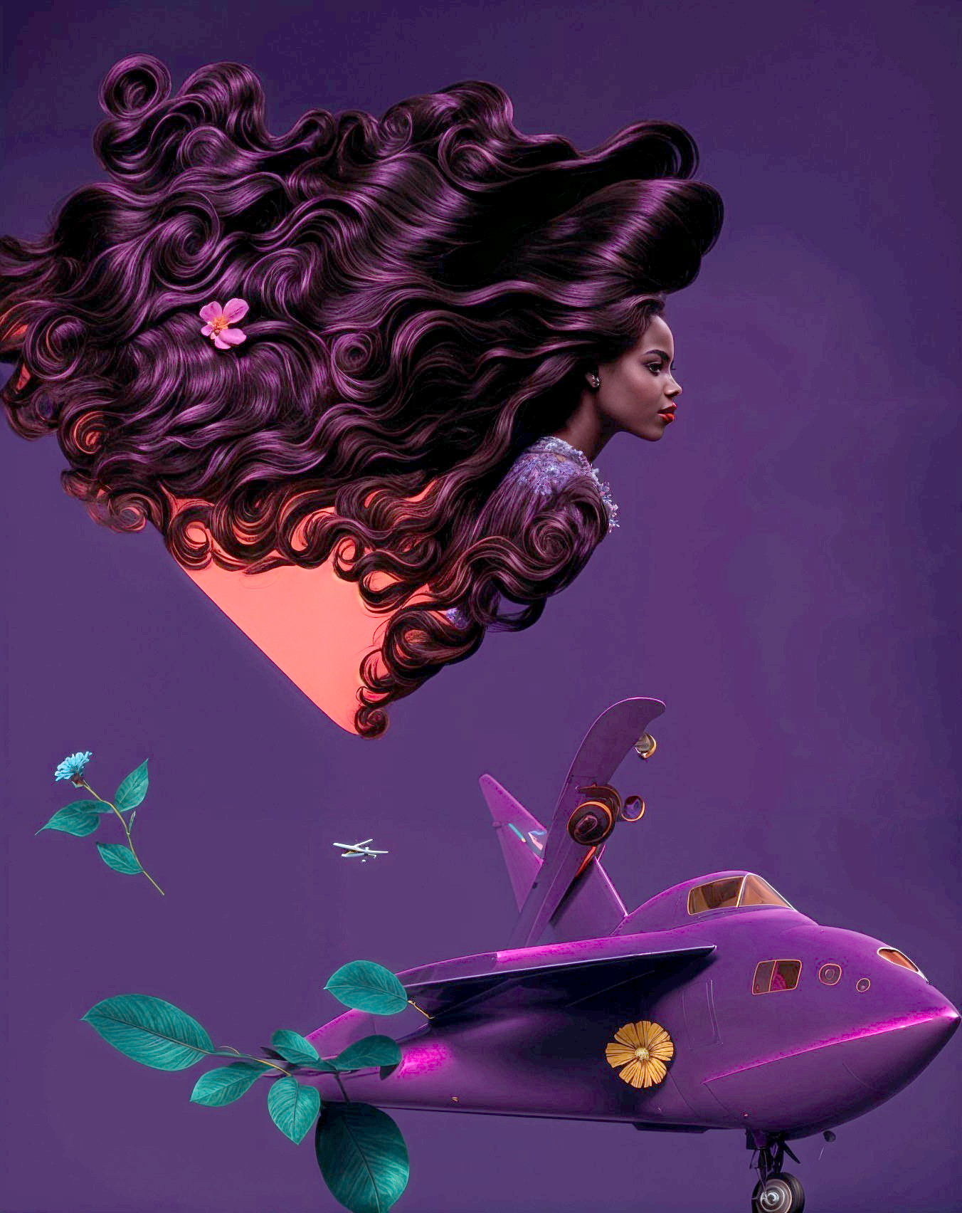 Woman with Purple Curls and Stylized Aircraft Design