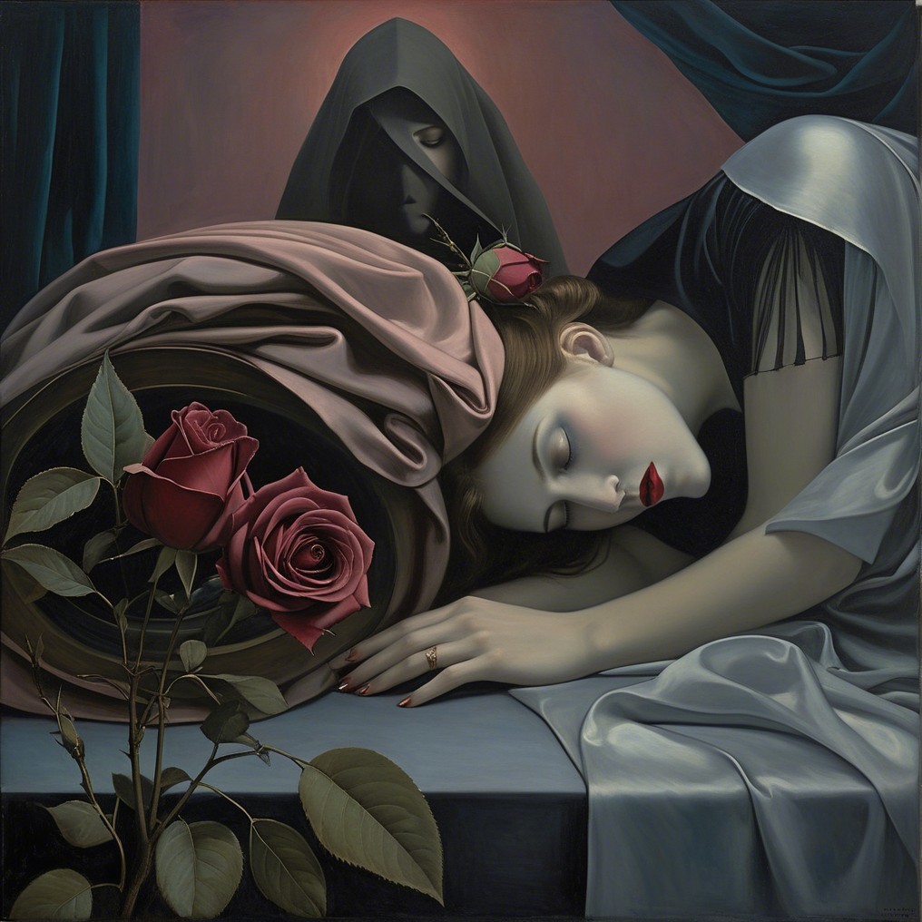 Serene Woman with Roses and Shadowy Figure in Background