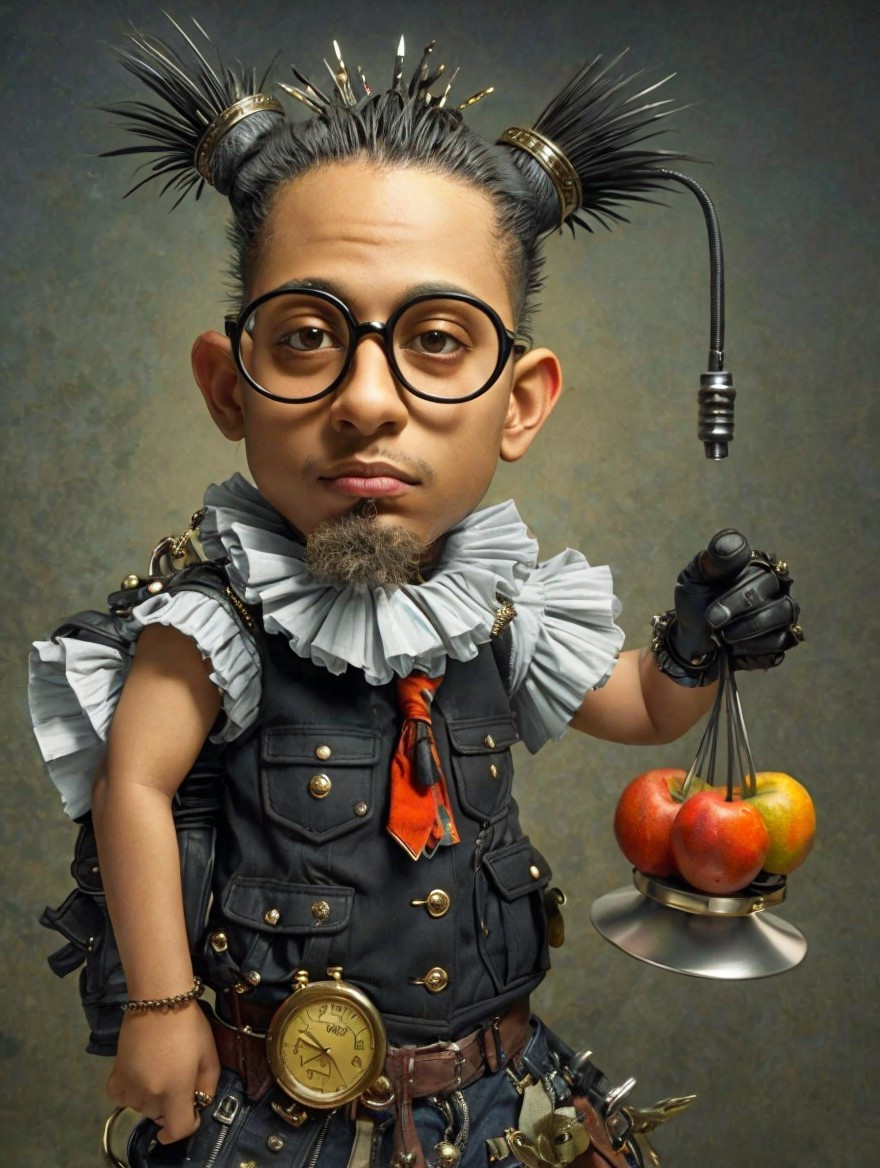 Whimsical Character in Steampunk Outfit with Apples