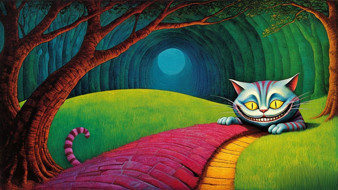 Whimsical Cat in a Colorful Surreal Forest Scene