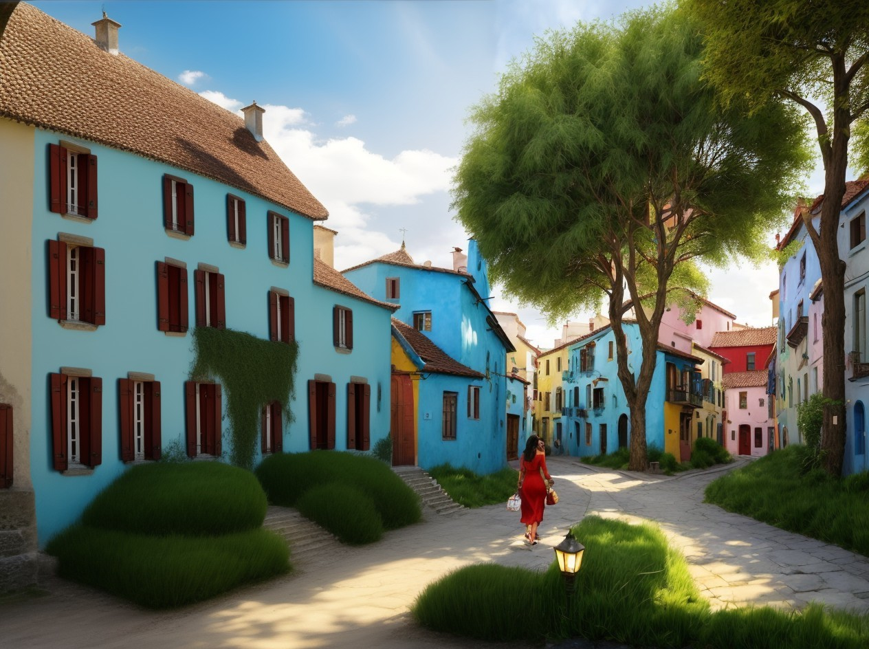 Charming Village Scene with Colorful Houses and Nature