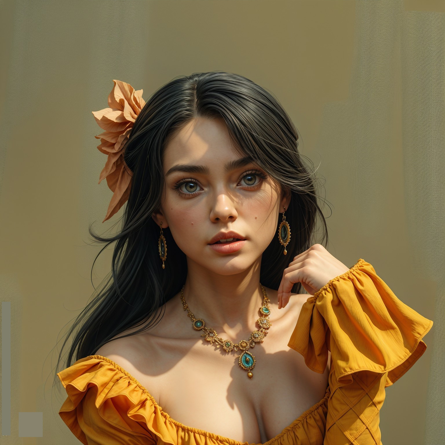 Young woman in yellow dress with floral hair accessory