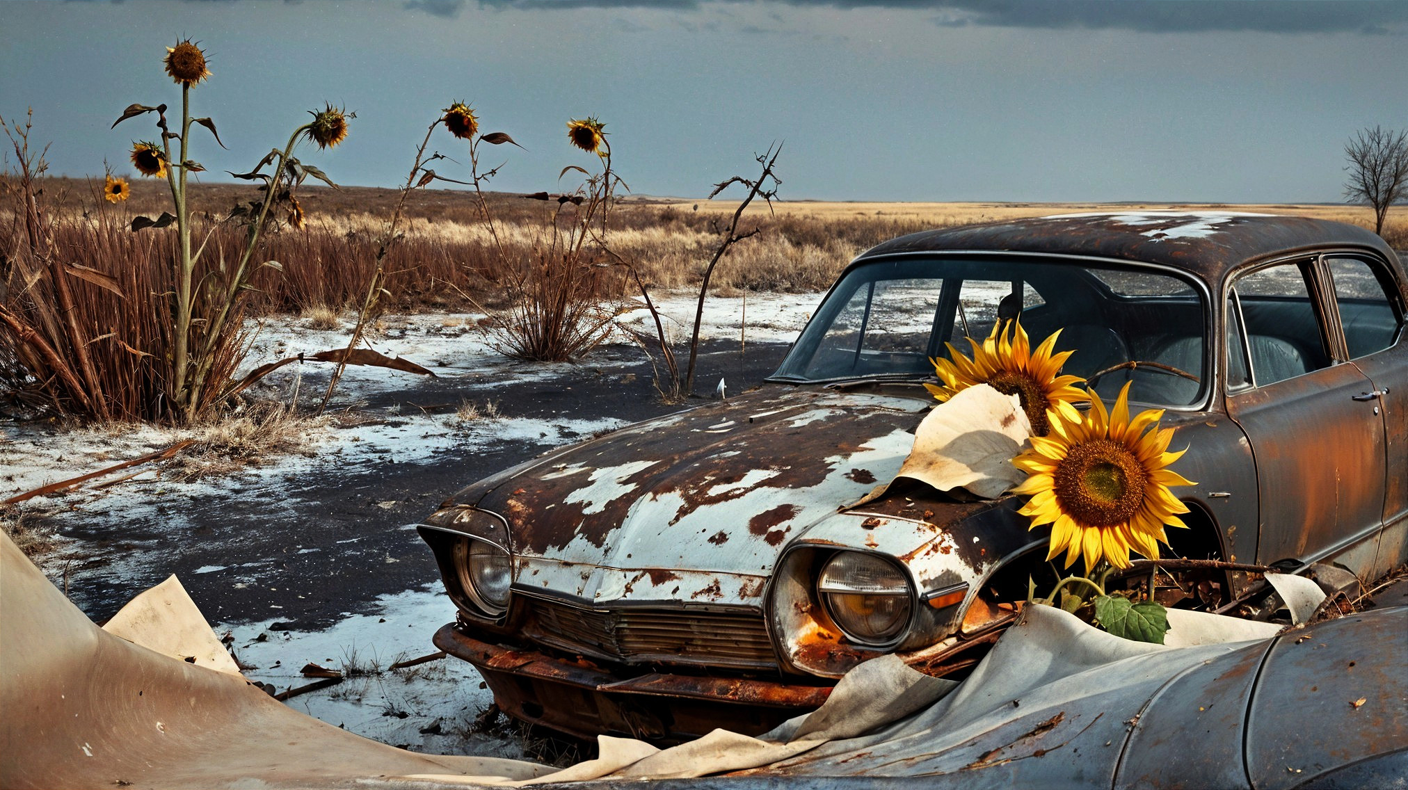 Abandoned Car on a Cracked Road with Wildflowers