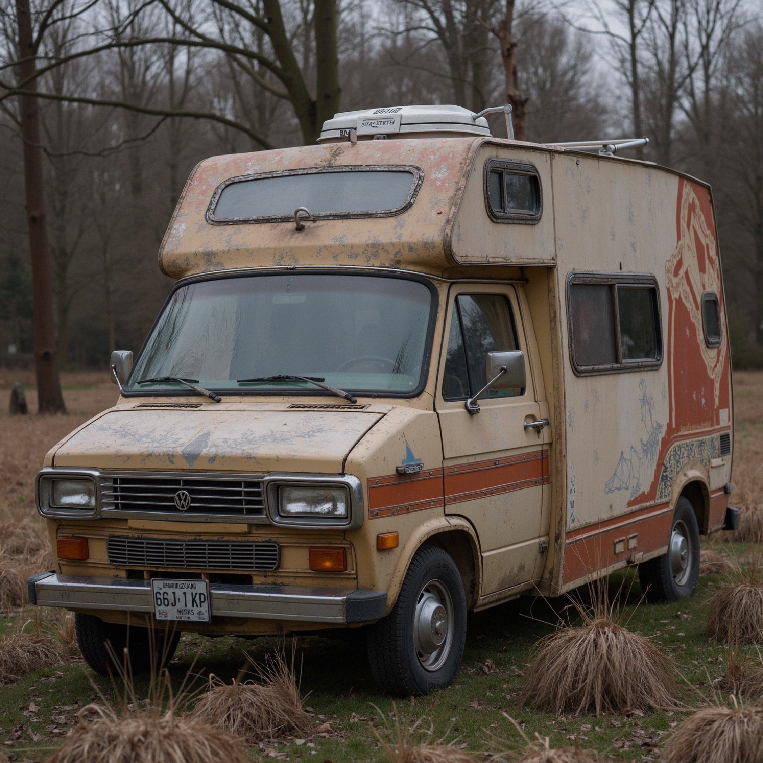 Aging Pastel Yellow Camper Van in Rustic Setting