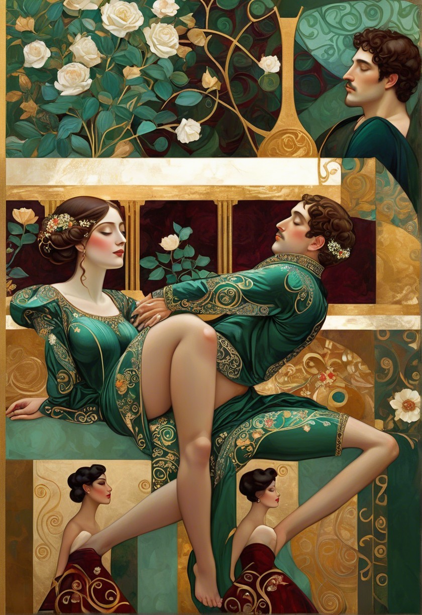Elegant Figures in Emerald Attire with Gold Details