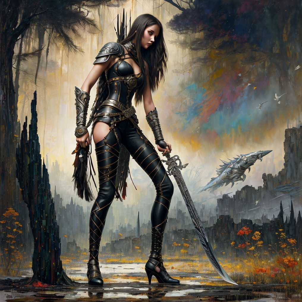 Fierce Warrior in Mystical Landscape with Sword