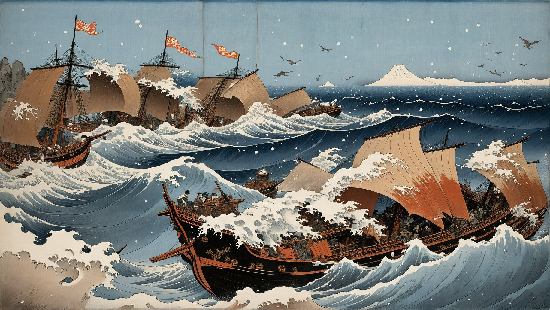 Maritime Battle Scene with Ships and Waves
