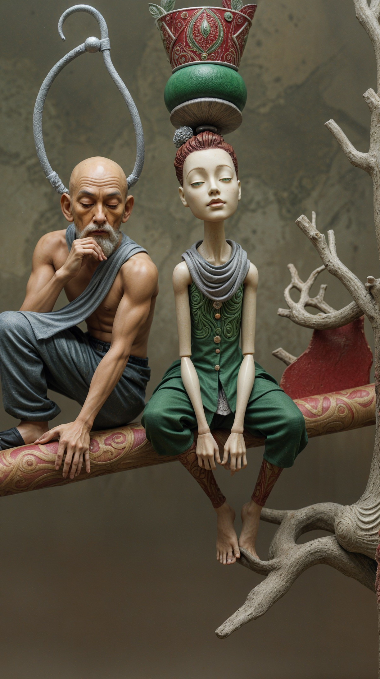 Intricate Figures on Stylized Branch in Fantasy Setting