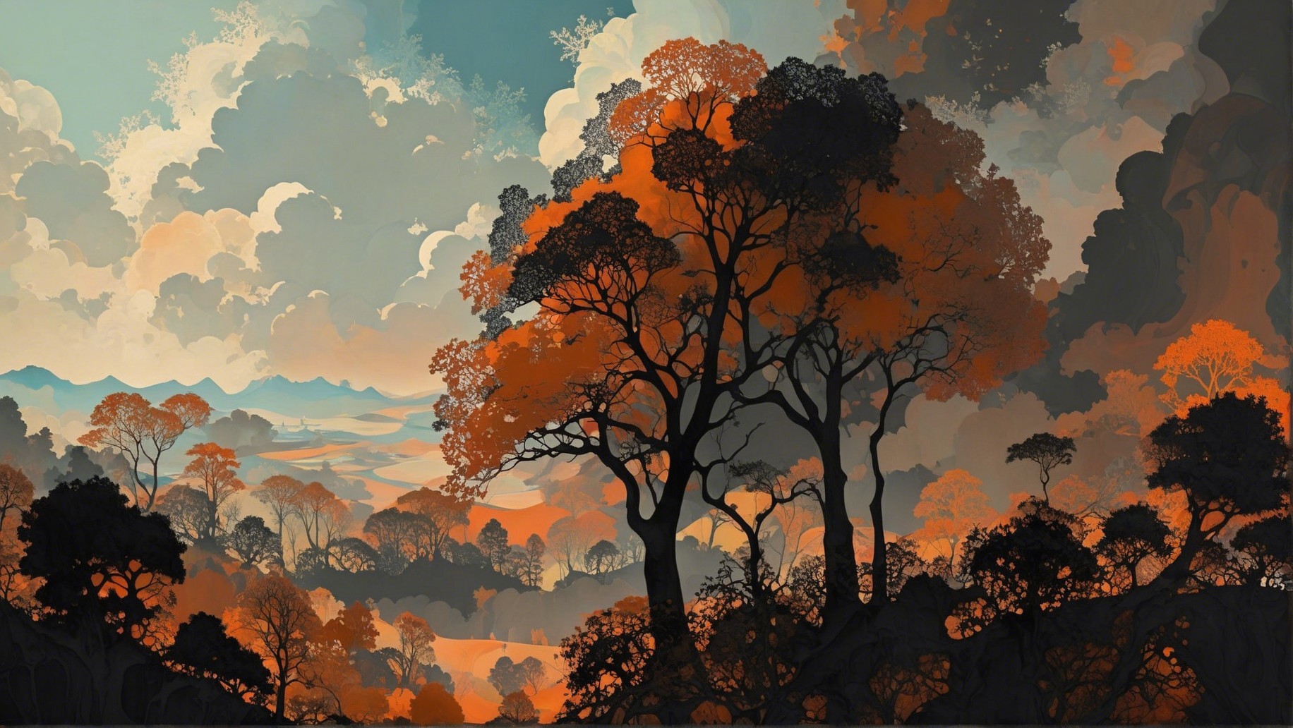 Vibrant Autumn Landscape with Orange Foliage and Sky