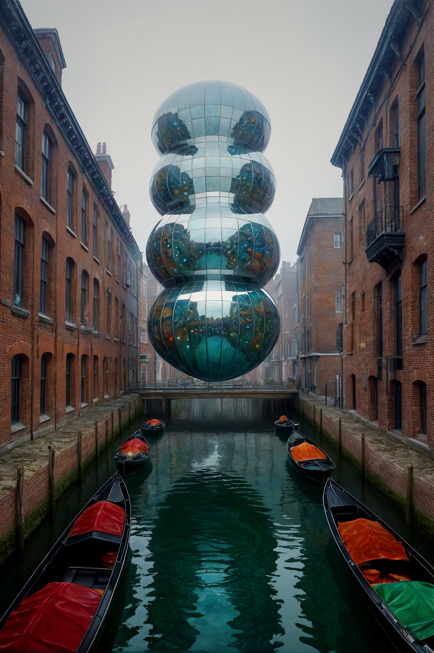 Modern Glass Sphere Installation Over Canal