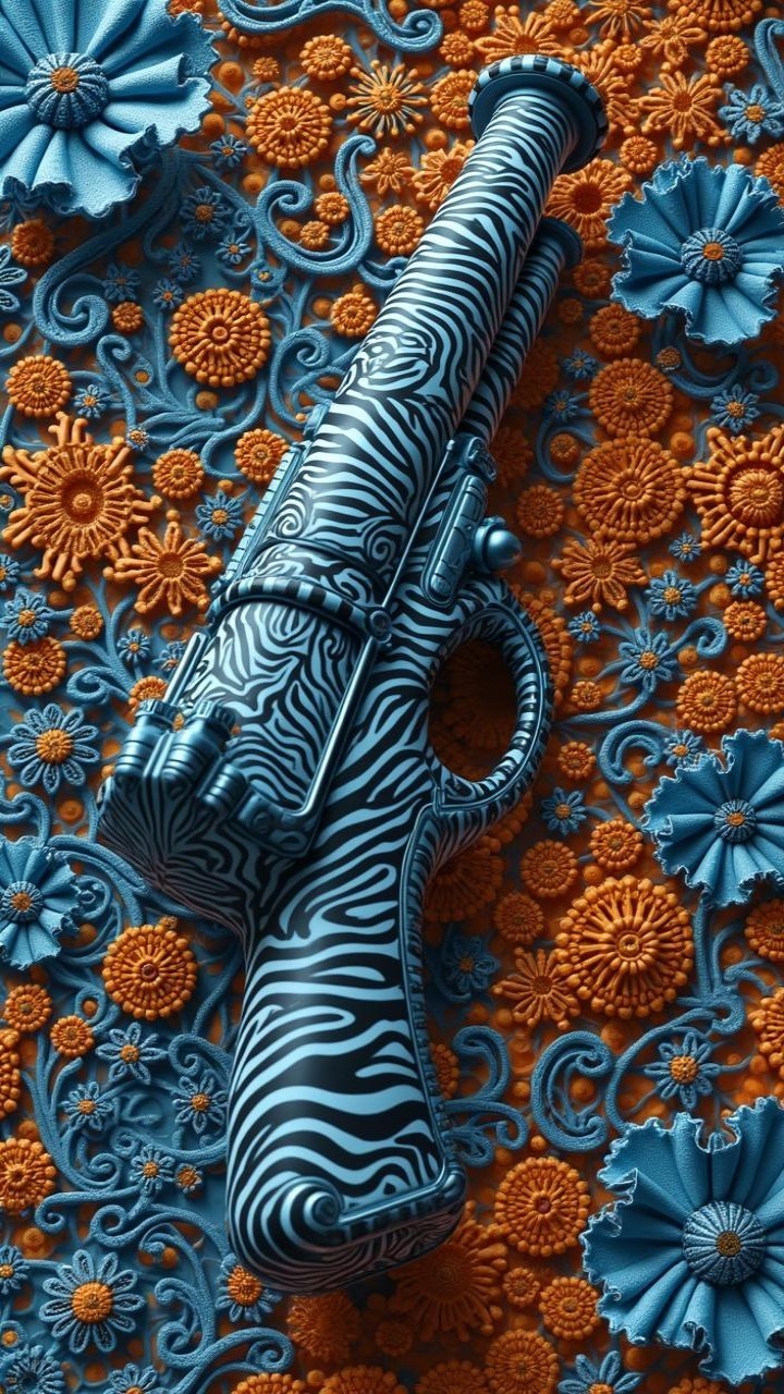 Stylized gun with zebra pattern on floral background