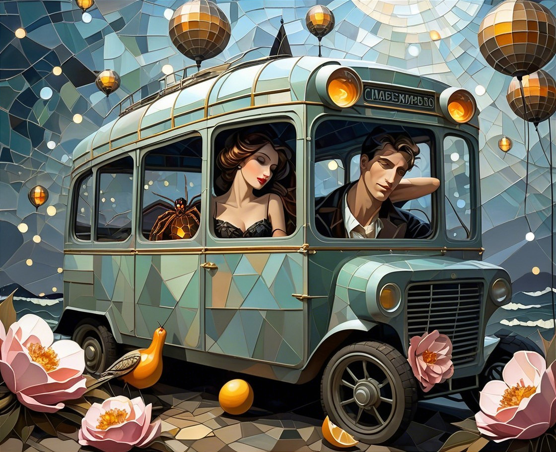 Vintage Bus with Geometric Patterns by the Sea