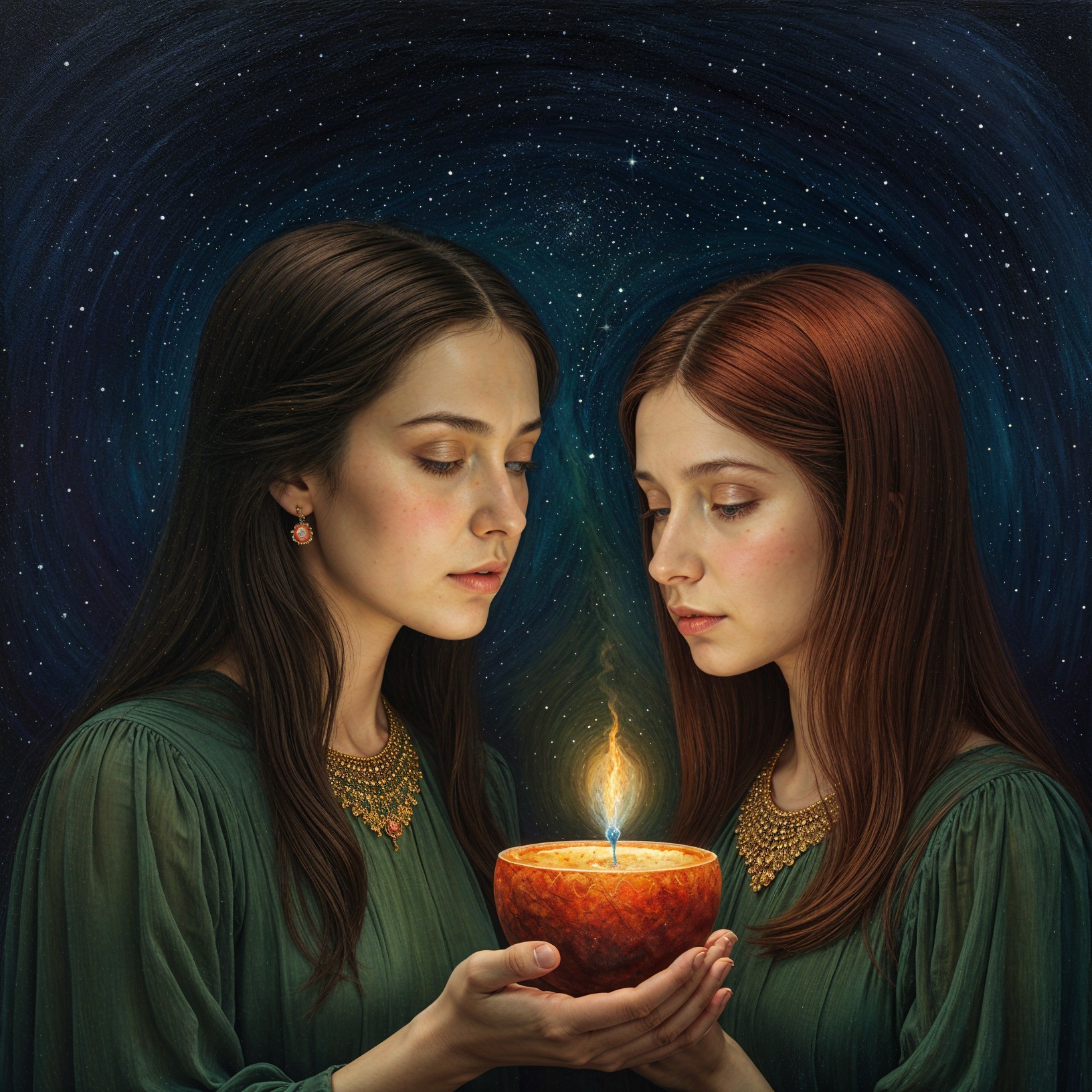 Women in Green Dresses with Candle Under Starry Sky