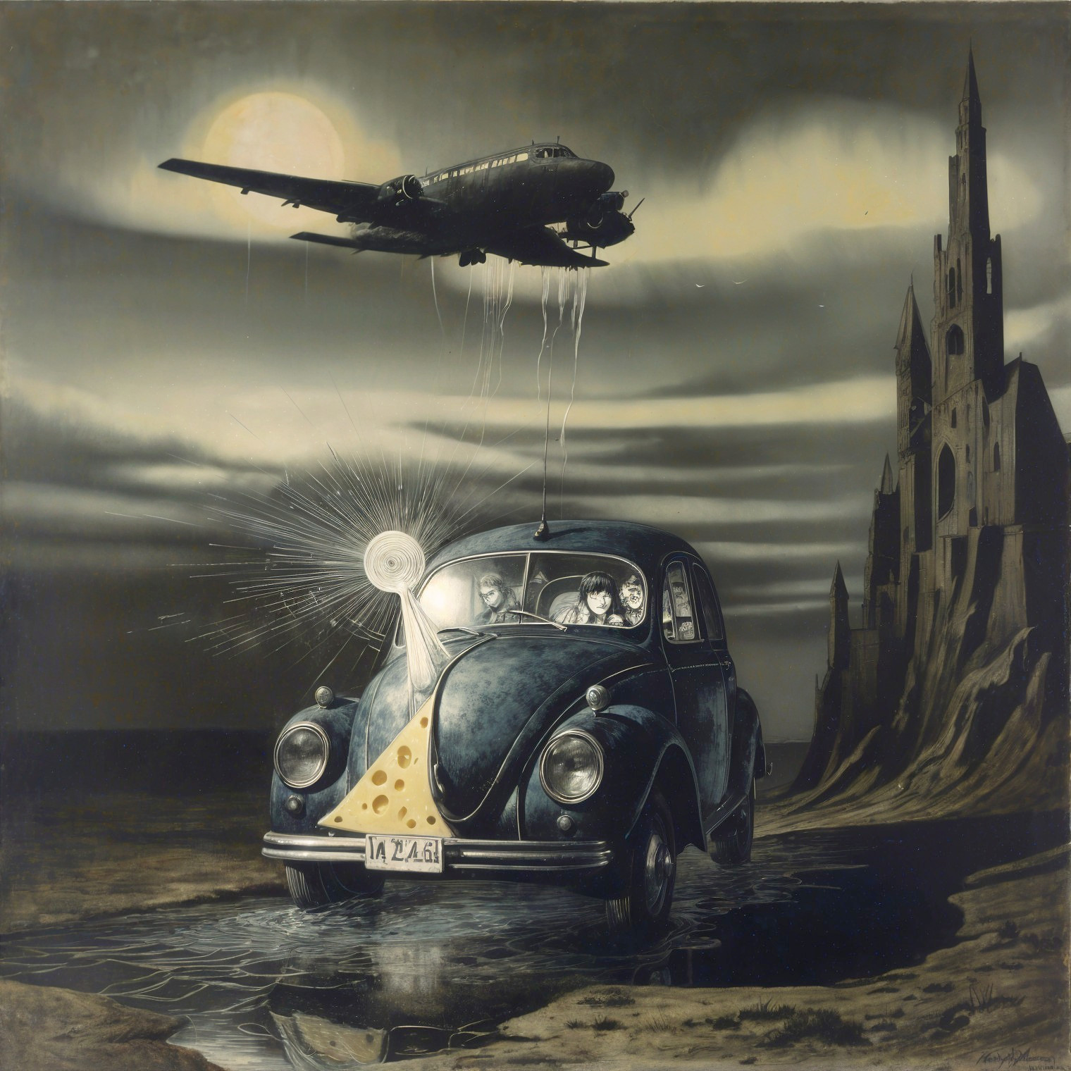 Surreal Scene of Vintage Car at Desolate Shoreline