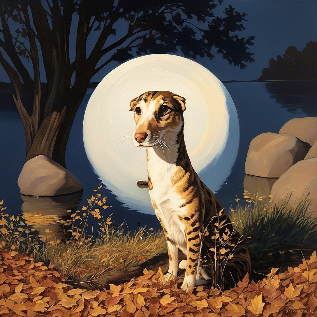 Stylized Dog with Stripes in Serene Night Scene